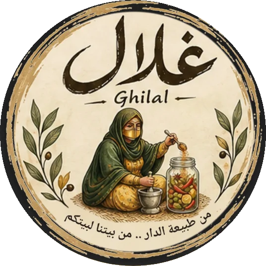 The Ghilal label illustration: a woman in a burqa preparing a jar of pickles by hand