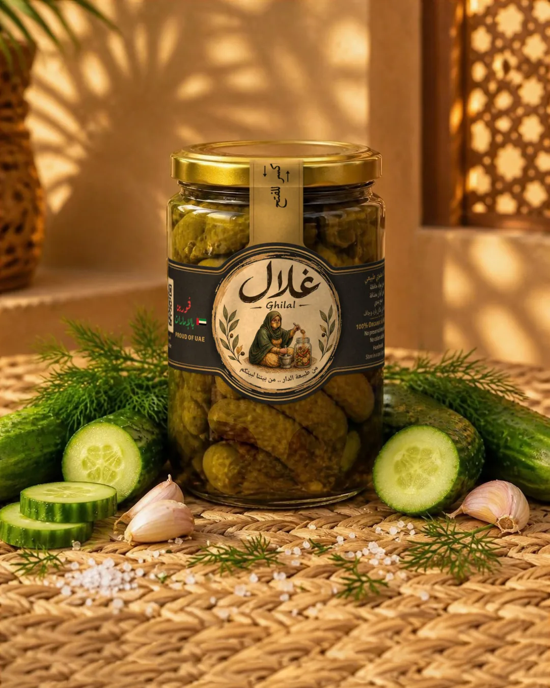 Ghilal cucumber pickle jar with fresh cucumber and dill