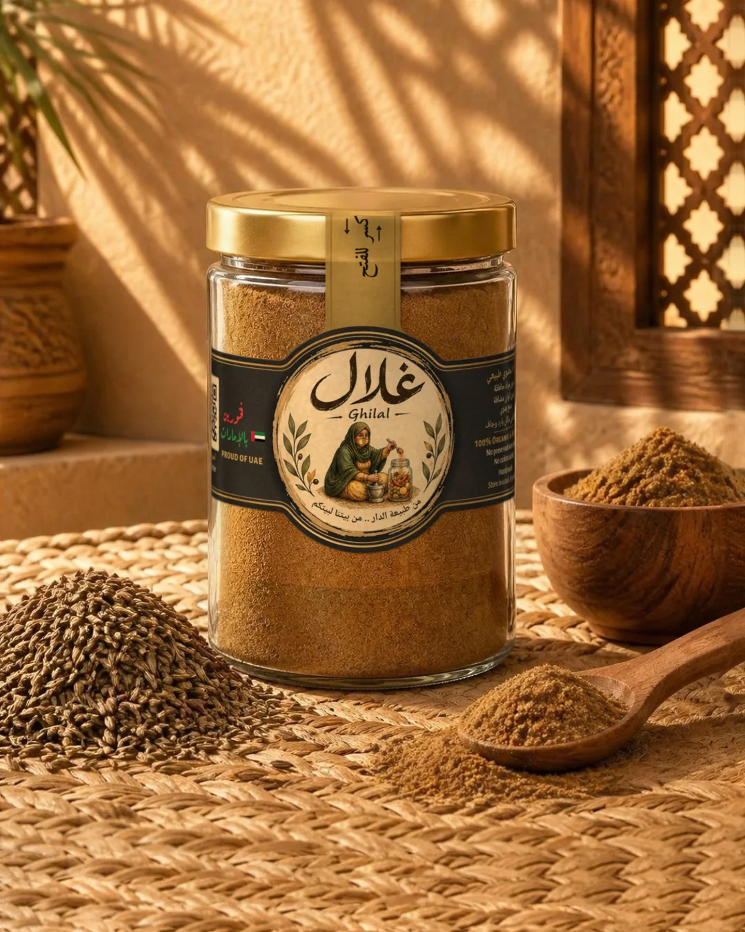 Ghilal ground cumin jar with cumin seeds and a wooden spoon
