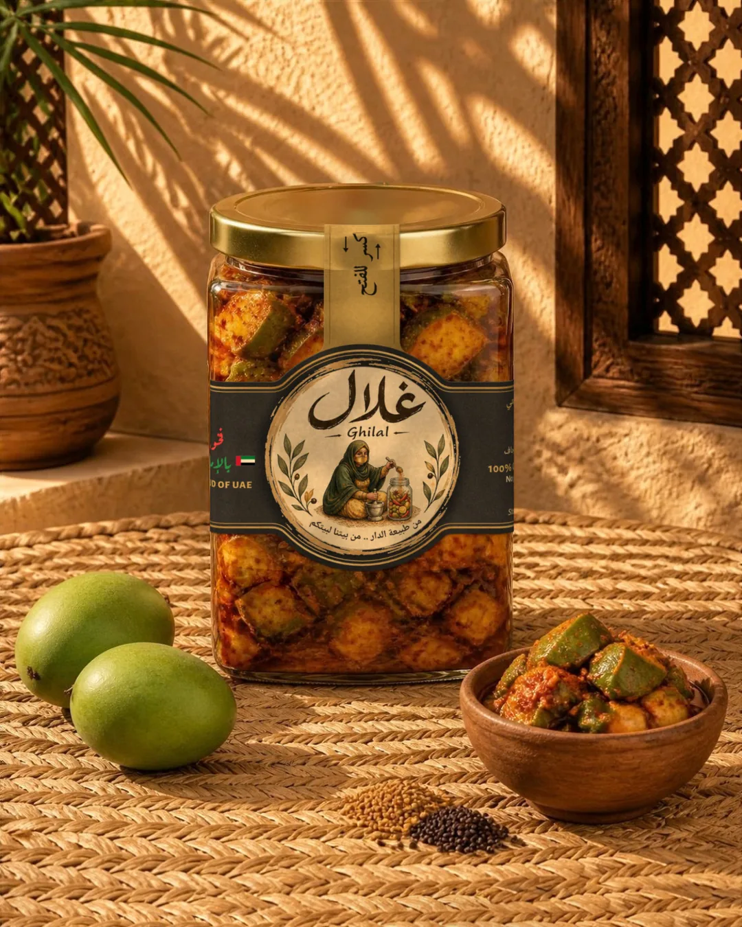 Ghilal mango pickle jar with green mangoes