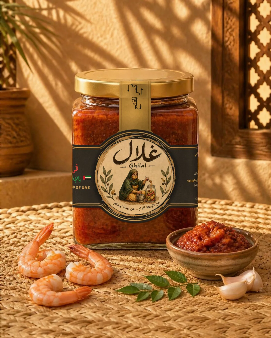 Ghilal shrimp pickle jar with shrimp and garlic