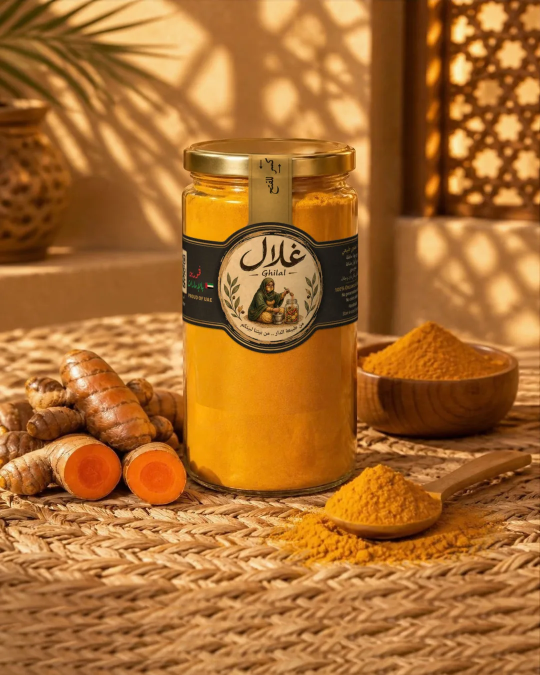 Ghilal ground turmeric jar with fresh turmeric roots