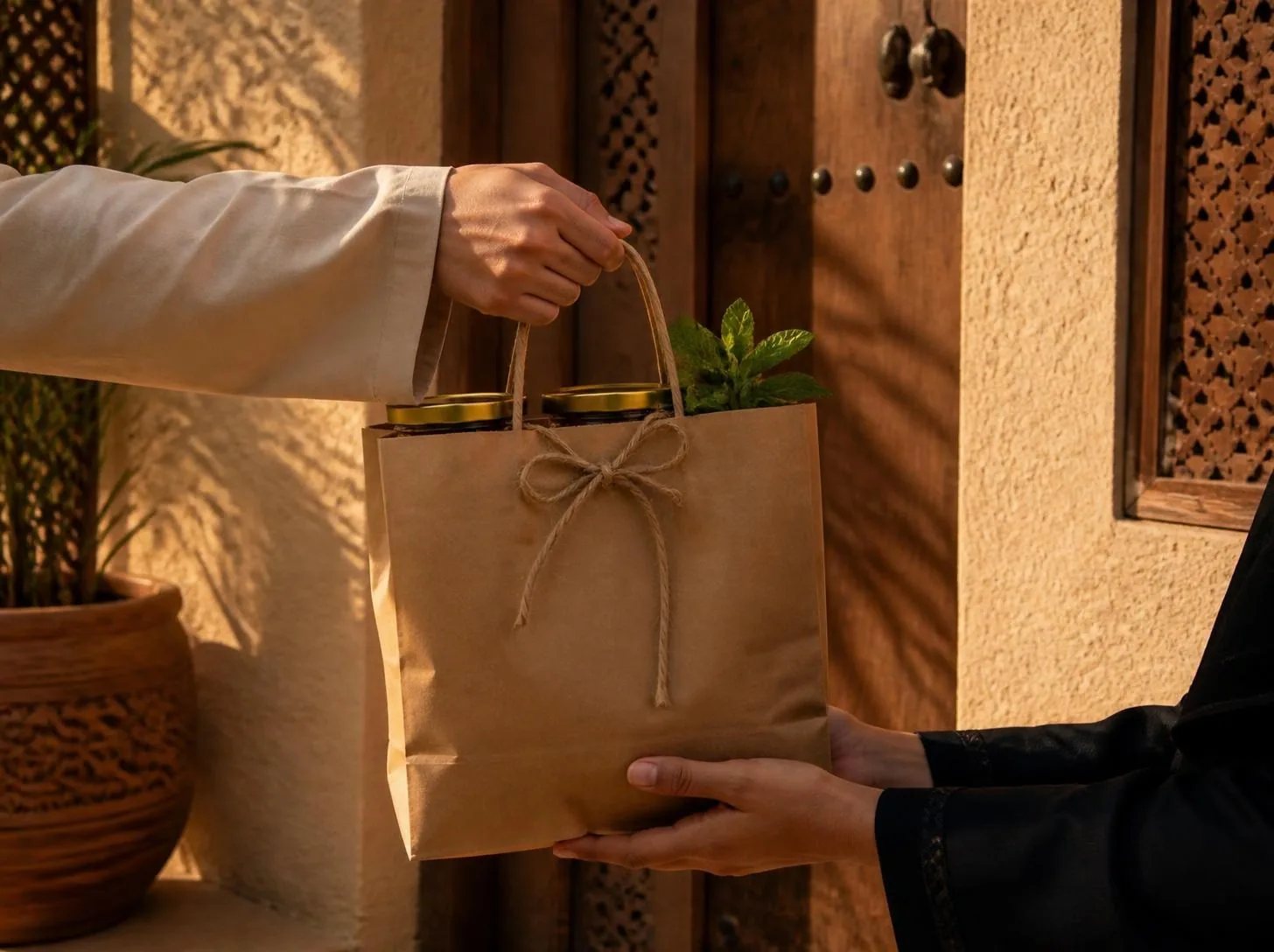 A kraft gift bag of Ghilal jars handed over at a carved front door