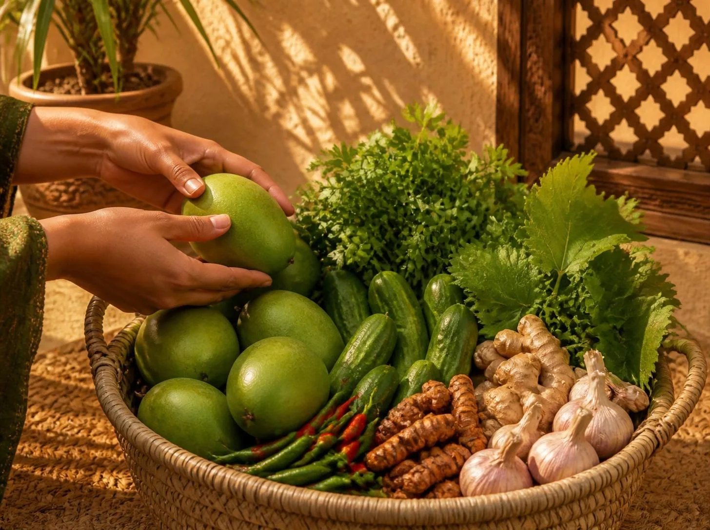 Hands choosing fresh mangoes, chillies and roots from a palm-leaf basket