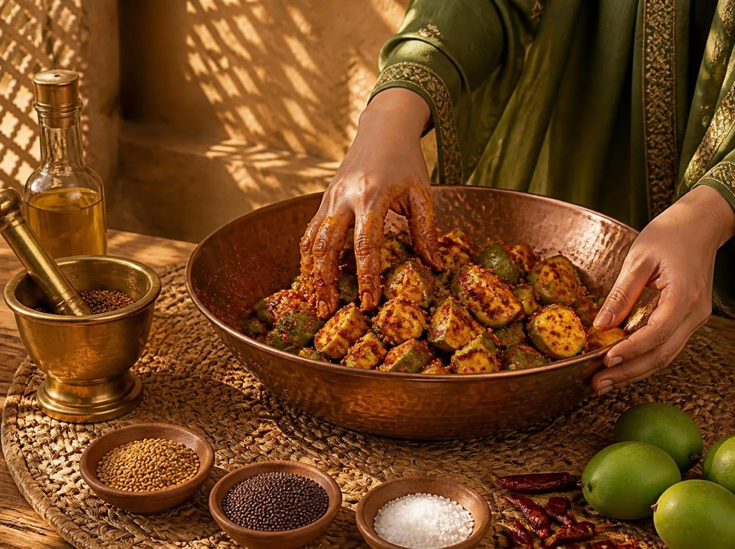 Hands mixing mango pickle with spices in a copper bowl beside a brass mortar