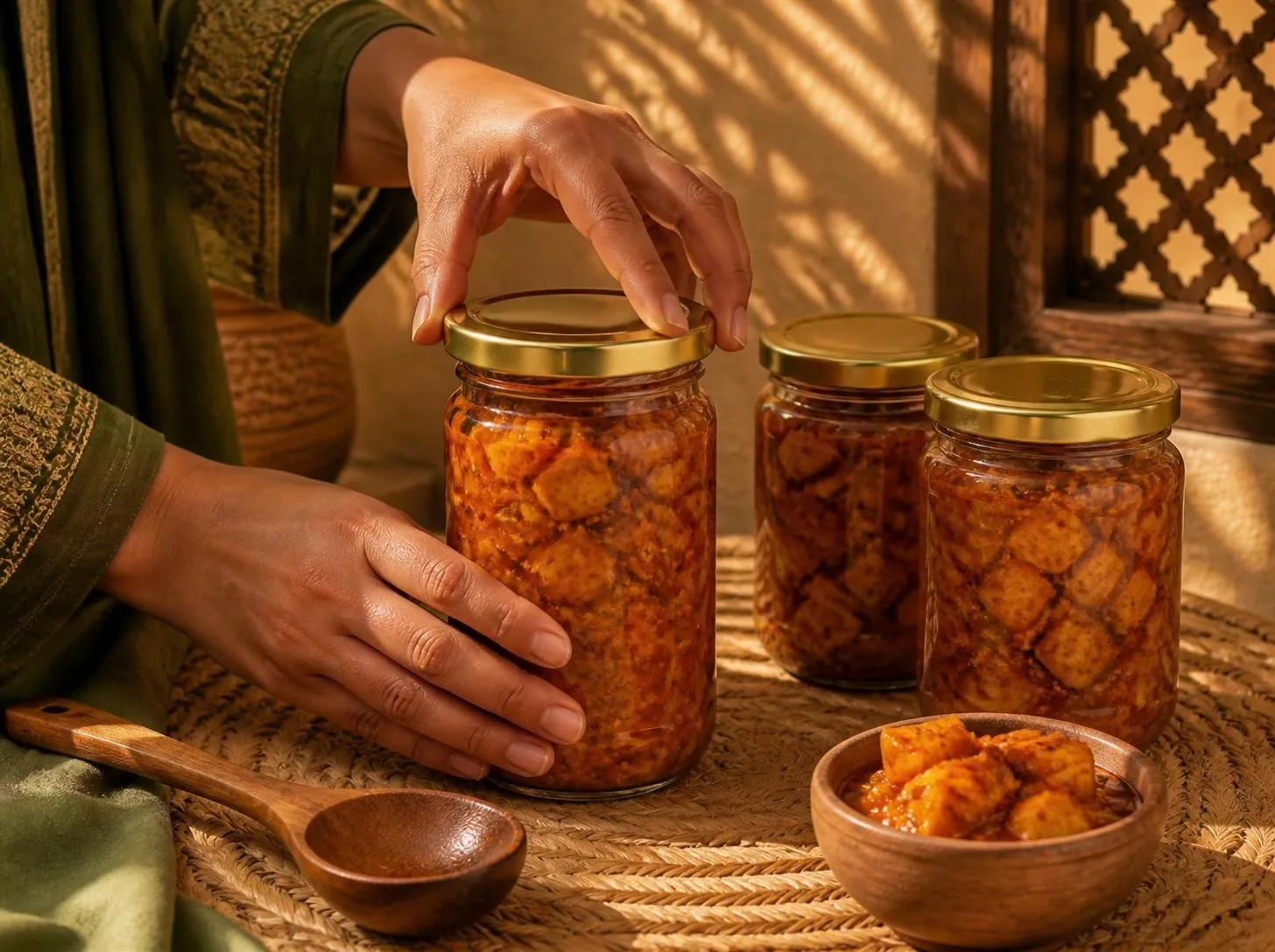 Hands closing gold lids on freshly filled glass jars